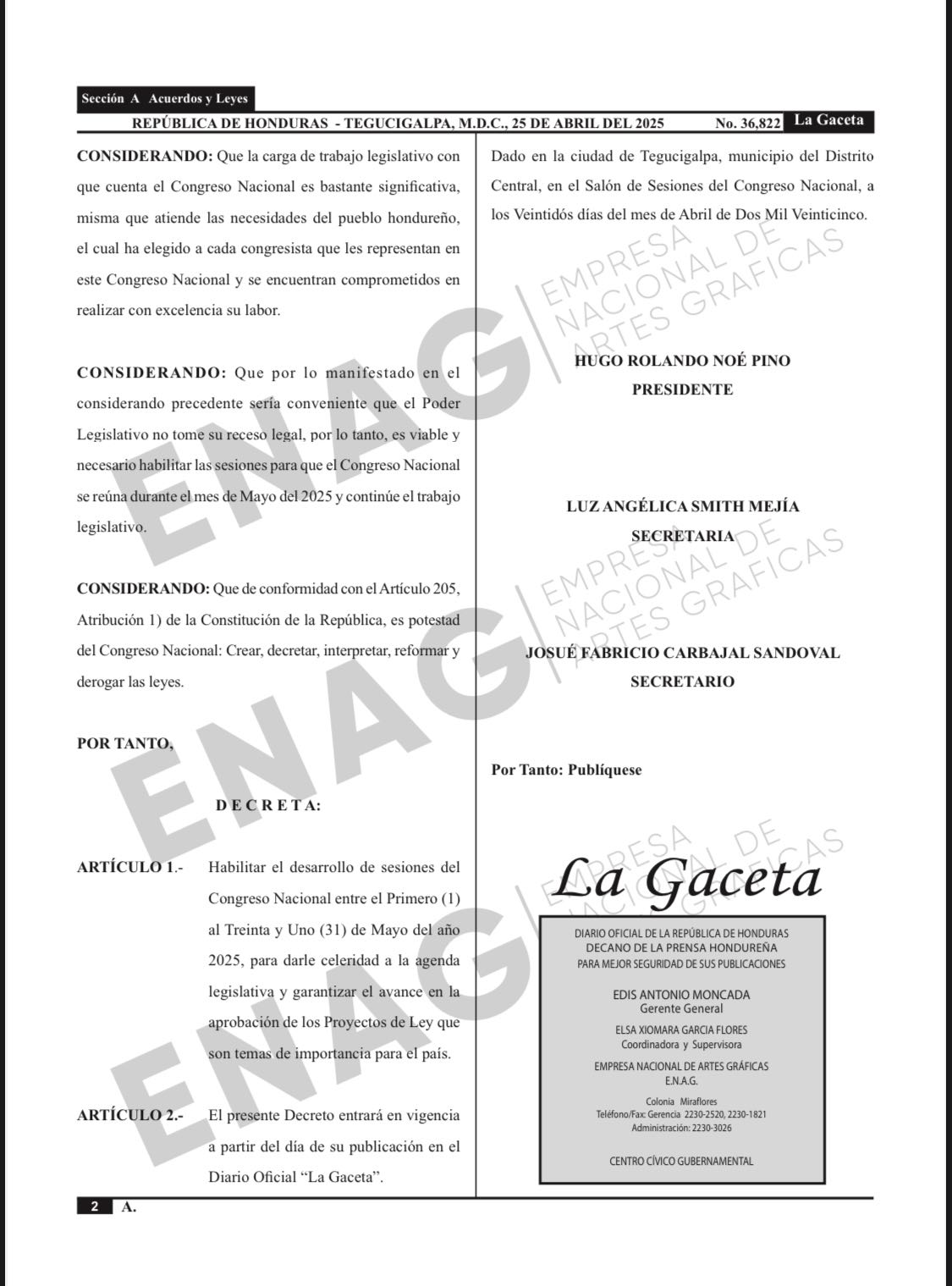 Publicada en La Gaceta extensión de las sesiones ordinarias del Congreso Nacional